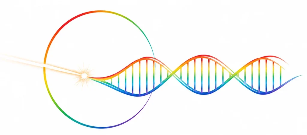 Illustration d'un ADN symbolisant l'évolution personnelle et le coaching professionnel LGBTQIA+.